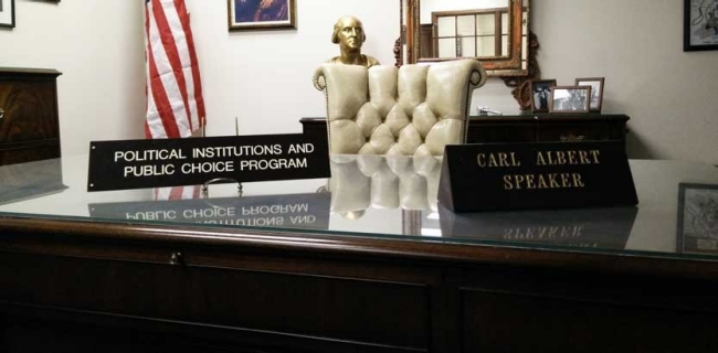 Photo of Carl Albert's desk in his recreated office at the Carl Albert Center Archives 