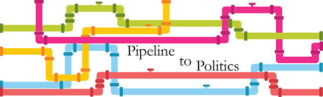 Pipeline to Politics text with interlocking pipes of various colors