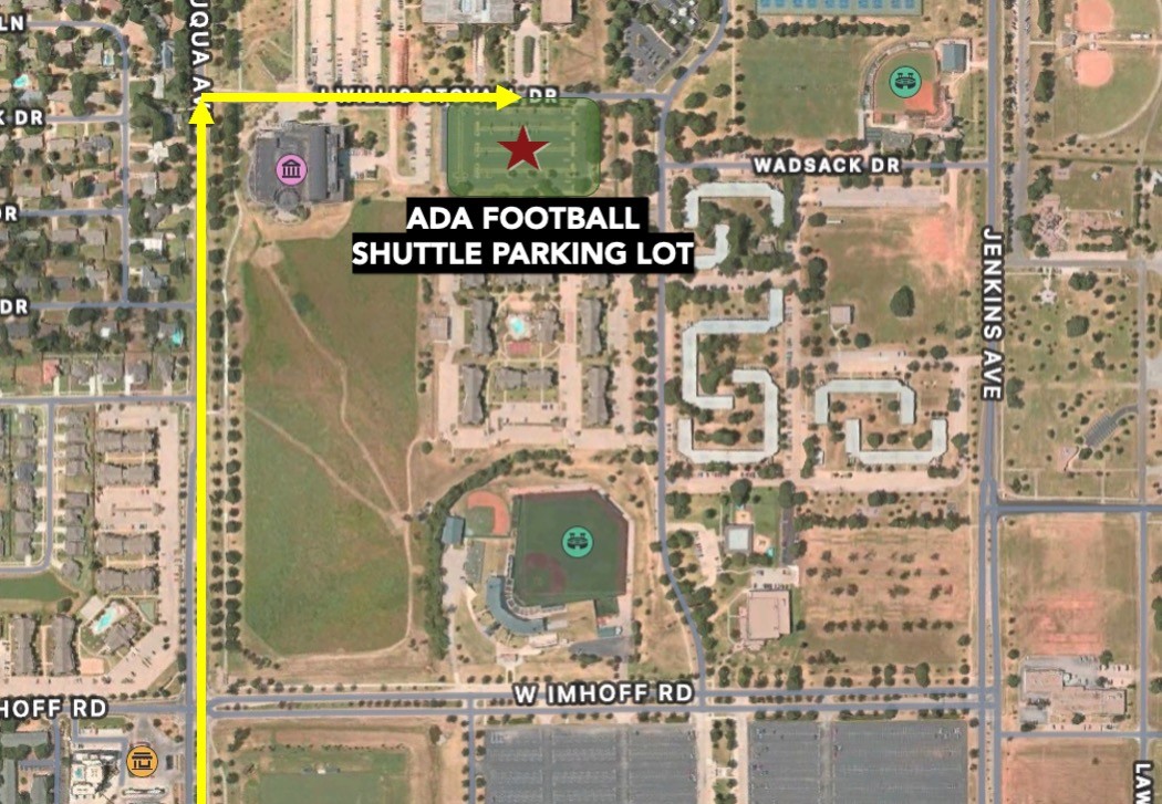 Satellite view of the ADA football shuttle parking lot. A yellow arrow points north on Chataqua Avenue, which intersects with another yellow arrow pointing east on J. Willis Stovall Drive. The ADA parking lot will be on the south side of J. Willis Stovall Drive, past the Sam Noble Museum of Natural History, which is also on the south side of the road. West Imhoff Road is shown at the bottom of the map, running from east to west. Jenkins Avenue is on the east side of the map, running north to south. Wadsack Drive, which runs east to west, is shown immediately to the east of the ADA football parking lot.
