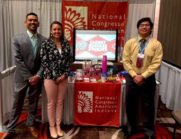 GEN Co-Director Justin Lund stands with scholarship winners Hanna Wensman and Trenton Vu Morris at the NCAI Mid-Year Conference, June 26, 2019.. 
