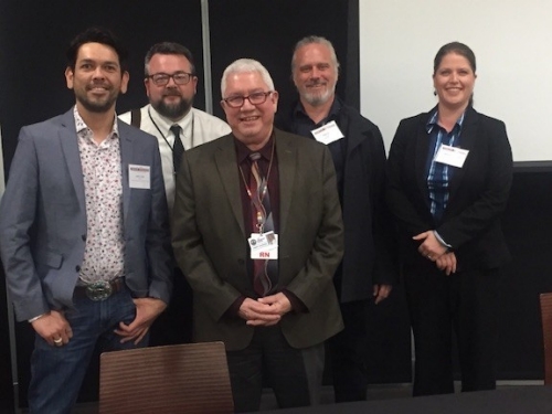 CEIGR members present research at the Stephenson Cancer Center Annual Research Symposium. Pictured (l to r): Justin Lund, Michael Peercy, Bobby Saunkeah, Paul Spicer, Jessica Blanchard. 
