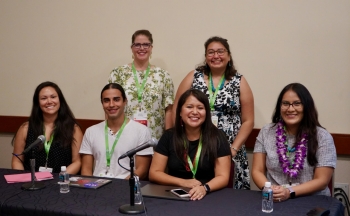 CEIGR partners present during a conference panel at SACNAS in 2019. Pictured front row: Julie Beans, Noah Collins, Katrina Claw, Krystal Tsosie; back row: Jessica Blanchard, Vanessa Hiratsuka. 