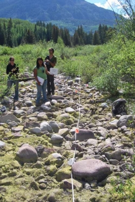 students on a stream bed