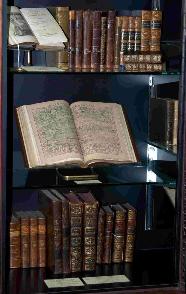 A display case full of rare books in Bizzell Library.
