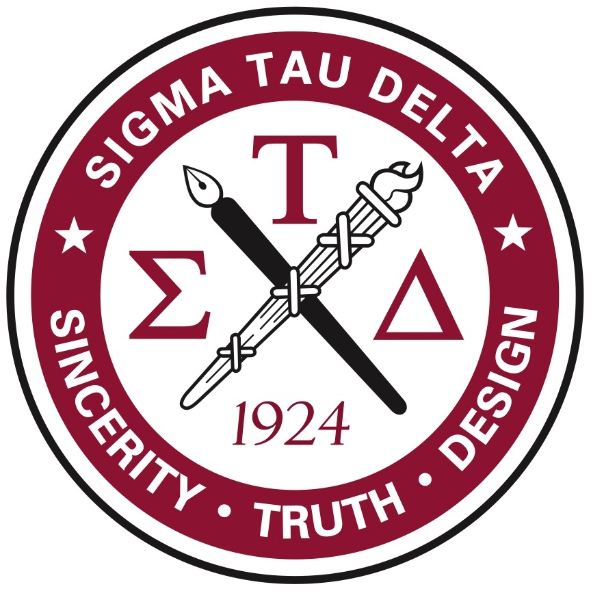 The seal for Sigma Tau Delta, including the Society's Greek letters, motto (Sincerity, Truth, and Design), and symbols (the quill pen, the torch, and star).