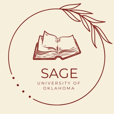 The logo for SAGE, the student association of graduates of English, featuring a book in crimson within a circle with leaves.