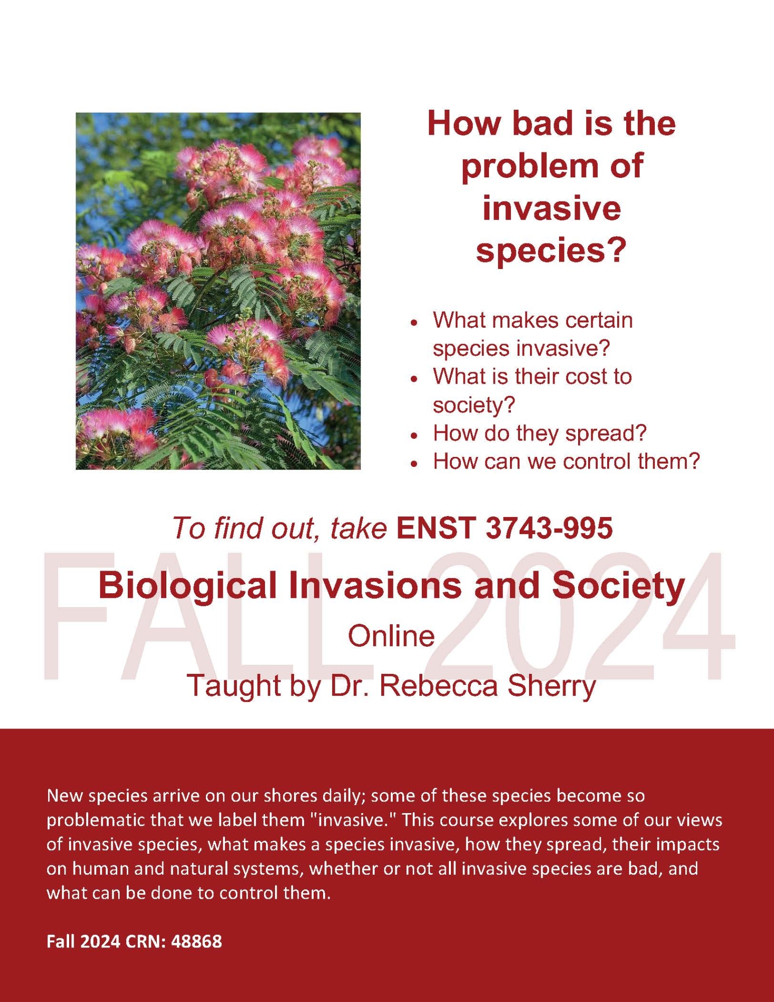 How bad is the problem of invasive species? • What makes certain species invasive? • What is their cost to society? • How do they spread? • How can we control them? To find out, take ENST 3743-995 Biological Invasions and Society Online Taught by Dr. Rebecca Sherry New species arrive on our shores daily; some of these species become so problematic that we label them "invasive." This course explores some of our views of invasive species, what makes a species invasive, how they spread, their impacts on human and natural systems, whether or not all invasive species are bad, and what can be done to control them. Fall 2024 CRN: 48868