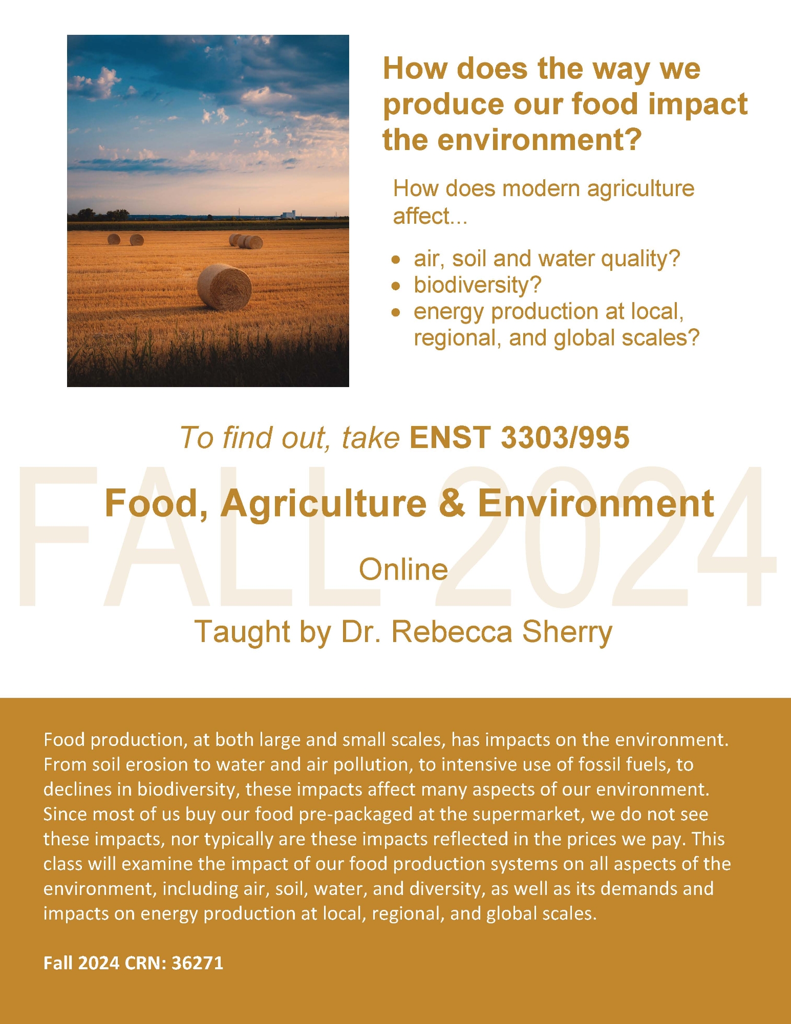 How does the way we produce our food impact the environment? • air, soil and water quality? • biodiversity? • energy production at local, regional, and global scales? How does modern agriculture affect... To find out, take ENST 3303/995 Food, Agriculture & Environment Online Taught by Dr. Rebecca Sherry Food production, at both large and small scales, has impacts on the environment. From soil erosion to water and air pollution, to intensive use of fossil fuels, to declines in biodiversity, these impacts affect many aspects of our environment. Since most of us buy our food pre-packaged at the supermarket, we do not see these impacts, nor typically are these impacts reflected in the prices we pay. This class will examine the impact of our food production systems on all aspects of the environment, including air, soil, water, and diversity, as well as its demands and impacts on energy production at local, regional, and global scales. Fall 2024 CRN: 36271