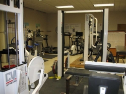 Weight-lifting machines in a gymnasium.