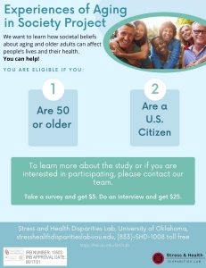 Experiences of Aging in Society Project. We want to learn how societal beliefs about aging and older adults can affect people's lives and their health. You can help! You are eligible if you: Are 50 or older and you are a U.S. Citizen. To learn more about the study or if you are interested in participating, please contact our team. Take a survey and get $5. Do an interview and get $25. Stress and Health Disparities Lab, University of Oklahoma, stresshealthdisparitieslab@ou.edu, (833)-SHD-1008 toll free. https://link.ou.edu/SHDLab