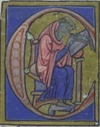 Image includes an illuminated medieval letter C enclosing a scribe at work.