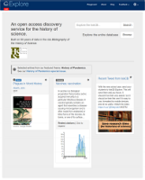 Thumbnail screenshot of CB Explore, the interface for the History of Science Society Bibliography. Due to the small size and pixilation, most text on this image is illegible. However, the following is just barely readable: CB Explore, An open access discovery service for the history of science.