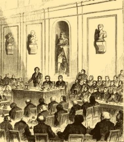 Etching from 1839 depicting a man speaking at the Academie des Sciences