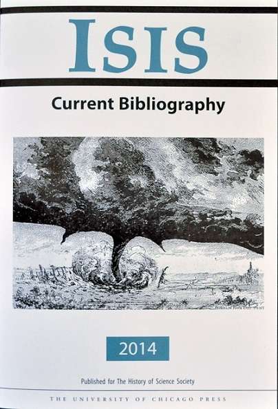 Cover of Isis Current Bibliography 2014, published by the History of Science Society, The University of Oklahoma. Features a old drawing of a tornado. 