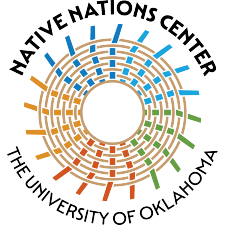 The logo of the Native Nations Center. There is a basket with dark blue, light blue, green, orange, and yellow basket strands. The text  around the basket reads "Native Nations Center, University of Oklahoma. "
