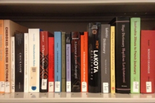 A shelf of various books in the Native American Languages Collection section of the NAS Library..