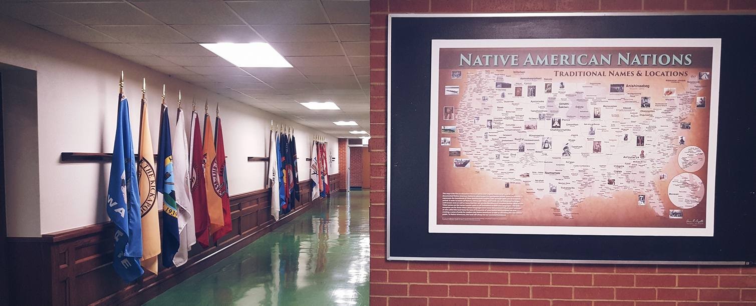 Two photos. Left is of Copeland Hall's flag collection. Right is the map of Native American Nations.