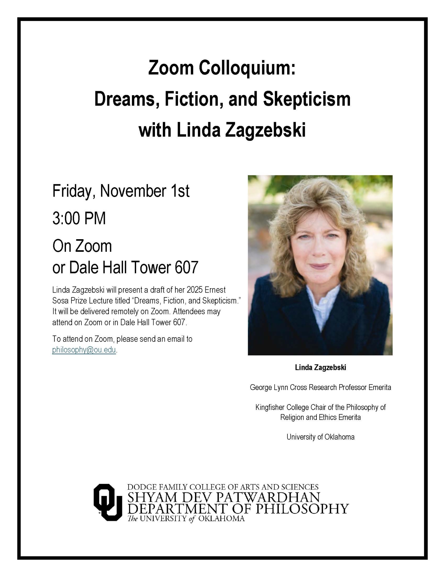 Poster for Zoom Colloquium: Dreams, Fiction, and Skepticism with Linda Zagzebski