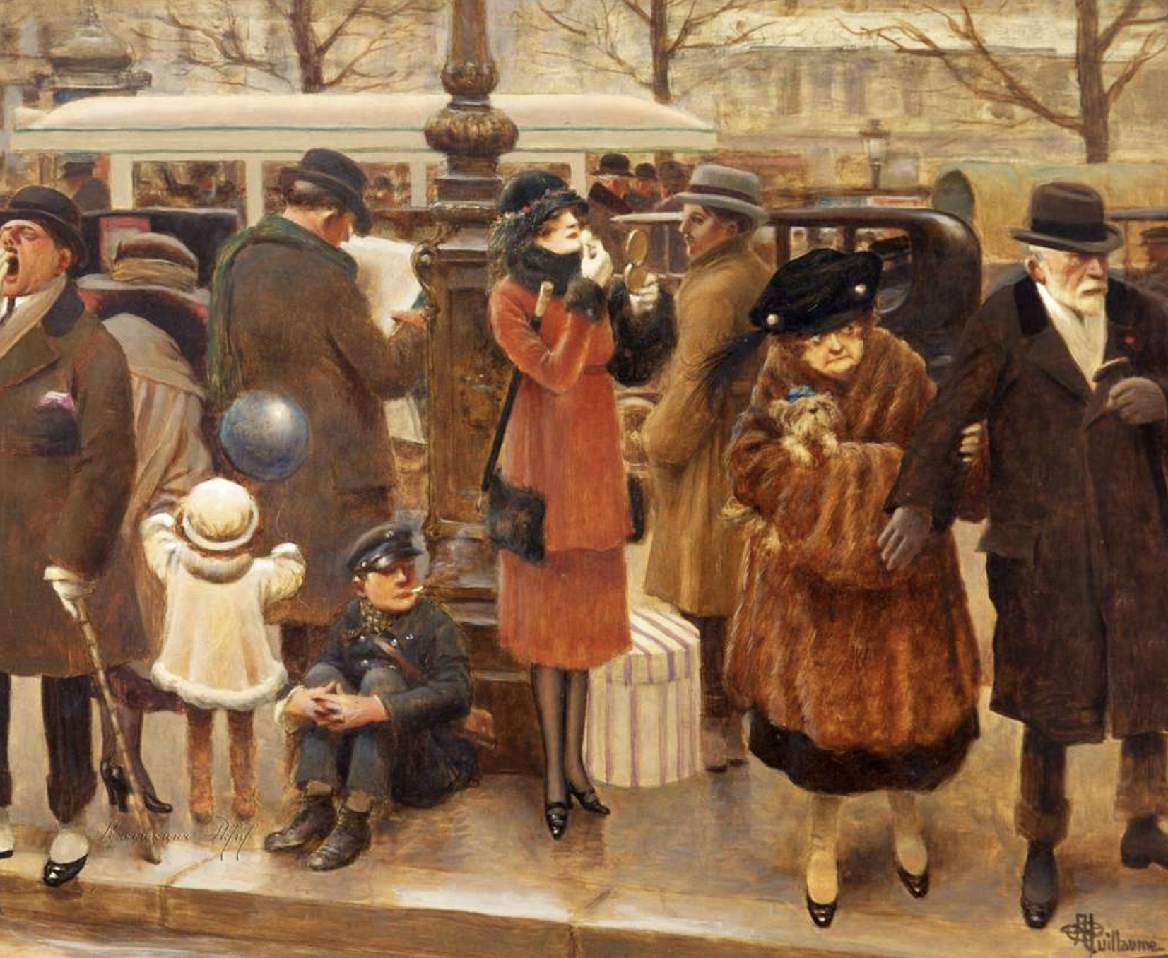 Artwork by Albert Guillaume featuring several people waiting on crowded sidewalk in a bustling city.