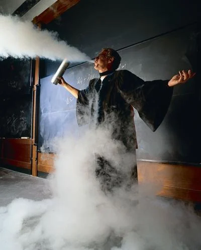 Dr. Indestructo doing a liquid nitrogen demonstration in the classroom.