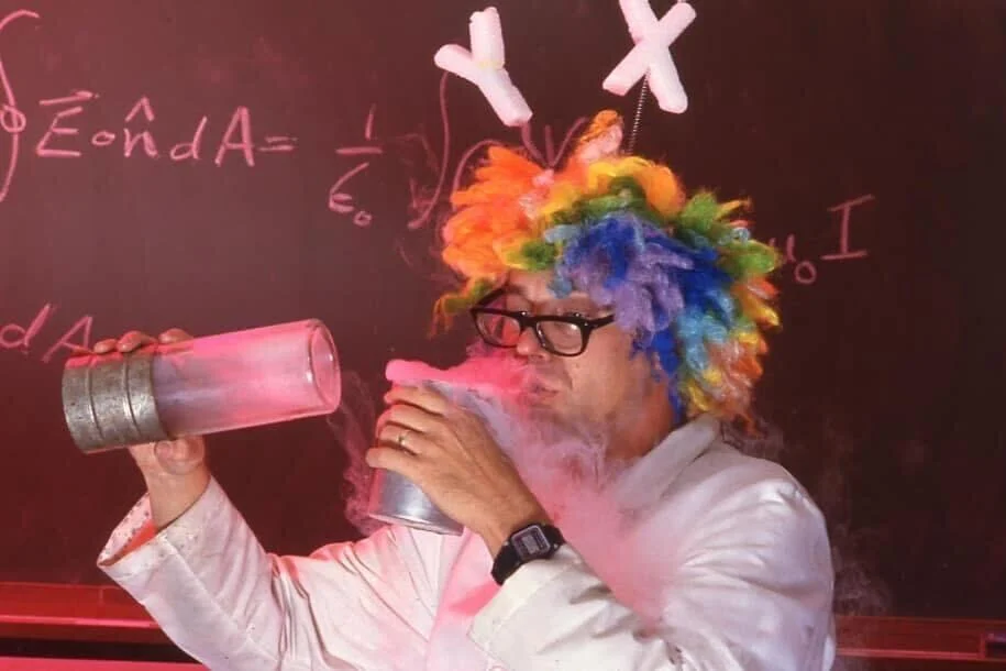 Dr. Indestructo doing a liquid nitrogen demonstration in the classroom.