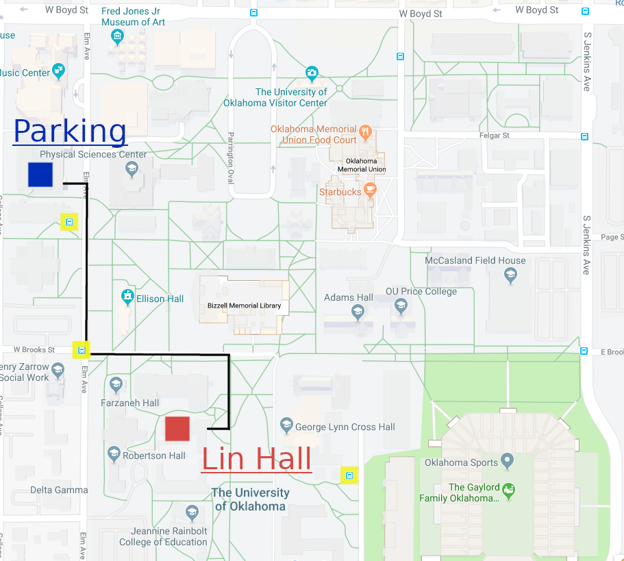 A map depicting the location of Lin Hall with respect to the parking. Parking is to the northwest of Lin Hall.