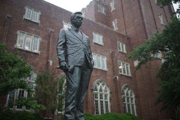Statue of Speaker of the House, Carl Albert, in front of Oklahoma Memorial Union.