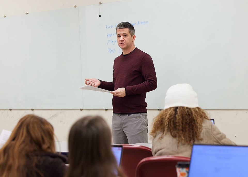 Political Science faculty member Charles Finocchiaro teaching a college course.