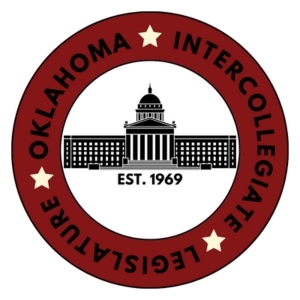 The circle logo of the oklahoma intercollegiate legislature with Oklahoma capitol building in center of circle image with est 1969.