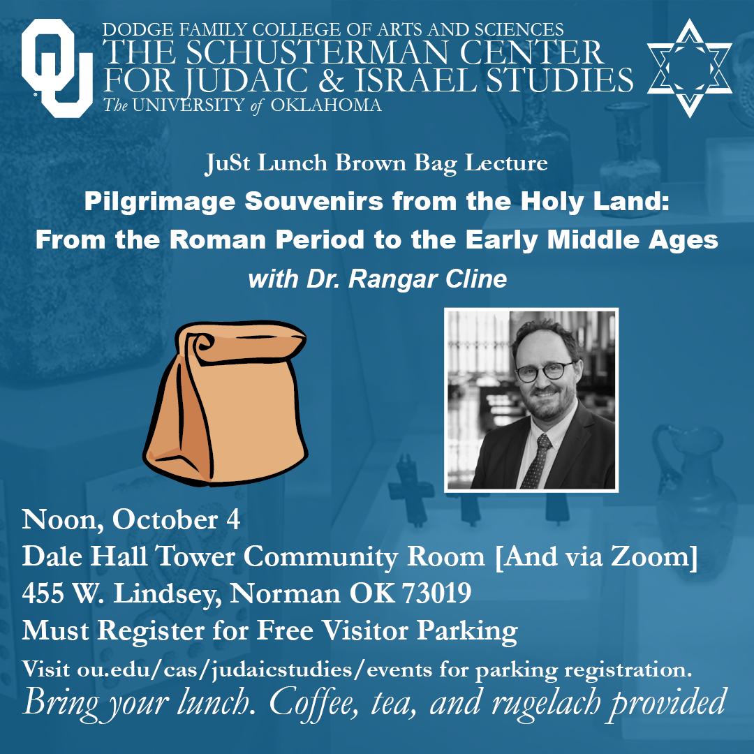 Please join us for the October JuSt Brown Bag Lecture with Rangar Cline on "Pilgrimage Souvenirs from the Holy Land: From the Roman Period to the Early Middle Ages" at noon on Wed., Oct. 4 in the Dale Hall Tower Community Room. 
