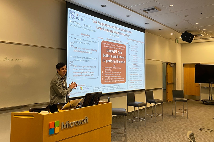 SLIS PhD student Ben Wang presents research at the Task-Focused Generative AI workshop organized by Microsoft and the University of Washington. 