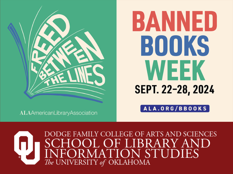 The image features SLIS' logo and Banned Books Week Logo reading "Freed Between the Line" and dates for the week of Sept. 22-28, 2024. 
