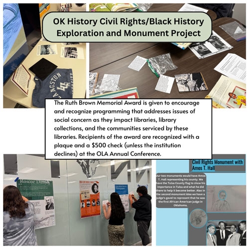 A description of the Ruth Brown Meorial Award surrounded by images of students working on the Black History Month project.