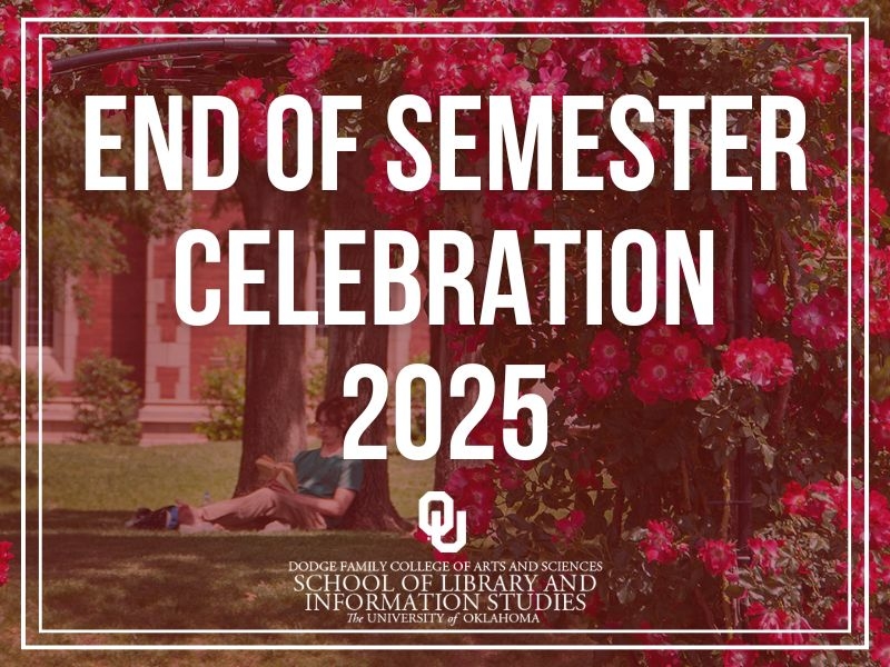 A red overlay on an image of blooming roses that reads "end of semester celebration 2025" with the SLIS logo in white.