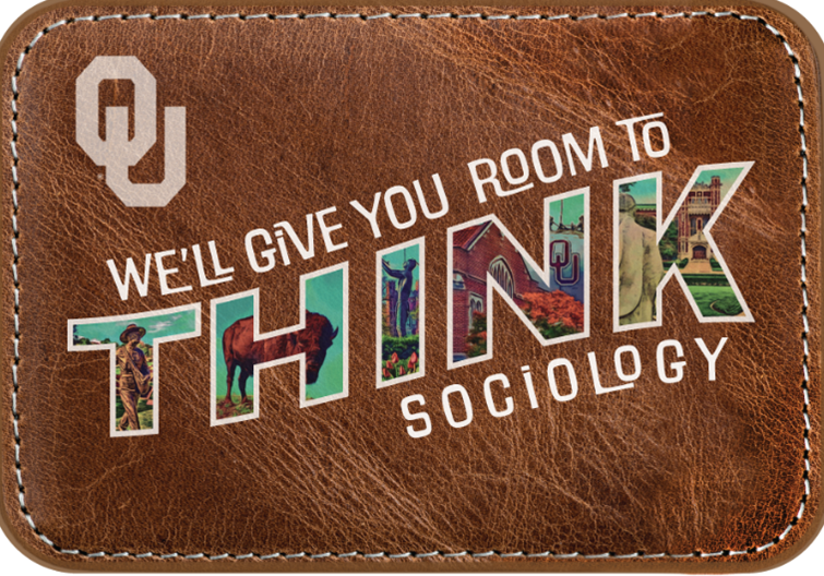 Interlocking O U, We'll give you room to think, Sociology logo over a leather background.