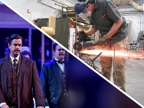 split image of actors in a play on one half and a man welding on the second half