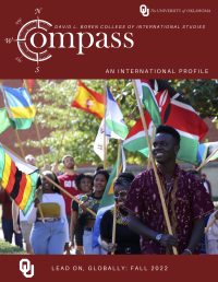 Cover of The University of Oklahoma College of International Studies Compass: International Profile Fall 2022: Lead On, Globally. Photo of international students in OU Homecoming parade, fall 2021.. 