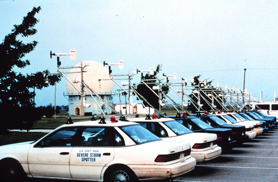 Original fleet of Mobile Mesonet cars in a parking lot.