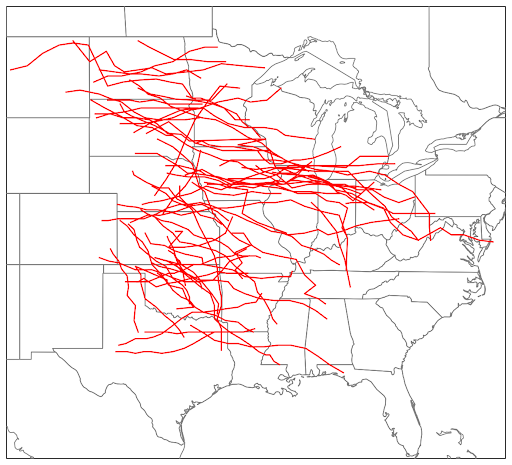 Long red east-west strokes across a black-and-white map of the United States shows the derechos scientists have tracked through historical data.