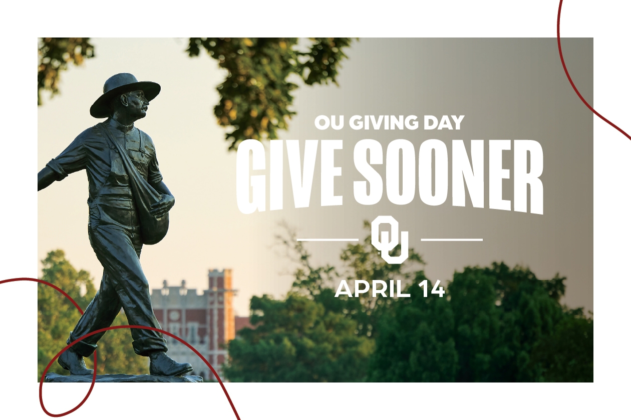 "O U Giving Day, Give Sooner on April 14" text in white next to the Seed Sower statue.