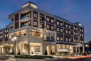 Image of a hotel at night. 