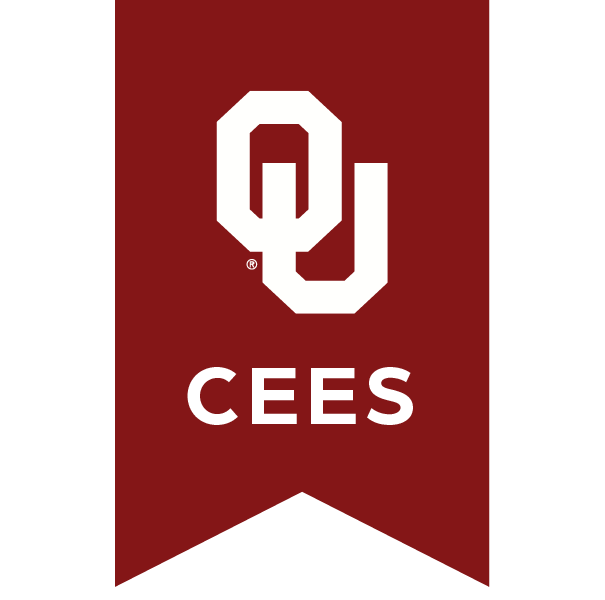 Interlocking O U, C E E S over a crimson background.