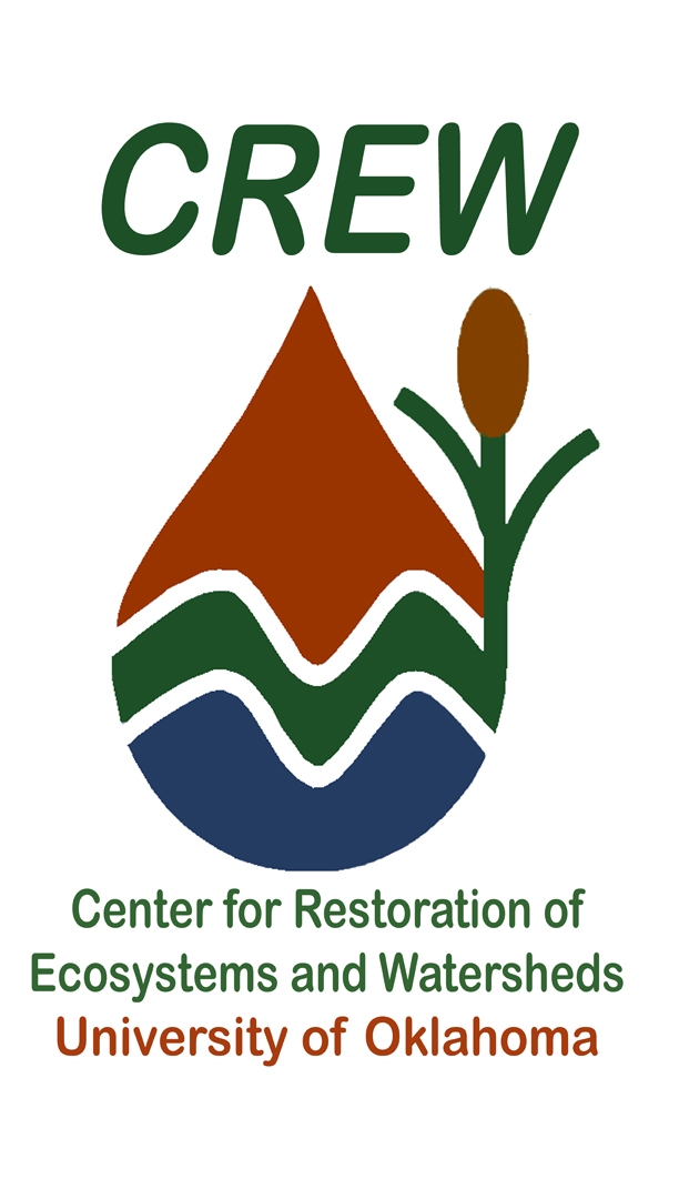CREW raindrop logo with the words "Center for Restoration of Ecosystems and Watersheds University of Oklahoma" below.