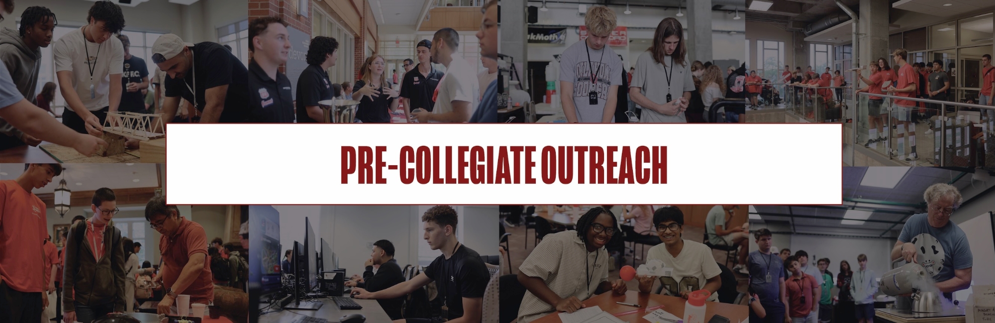 Collage including students performing experiment, Students posing with structure and student smiling with electronic device
