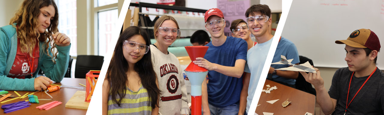 Collage including students performing experiment, Students posing with structure and student smiling with electronic device