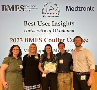 From left to right, OU Engineering assistant professor Rebecca Scott with biomedical engineering students Natalie Norton, Peyton Nealis, Ty Huff and Justin Brixey.