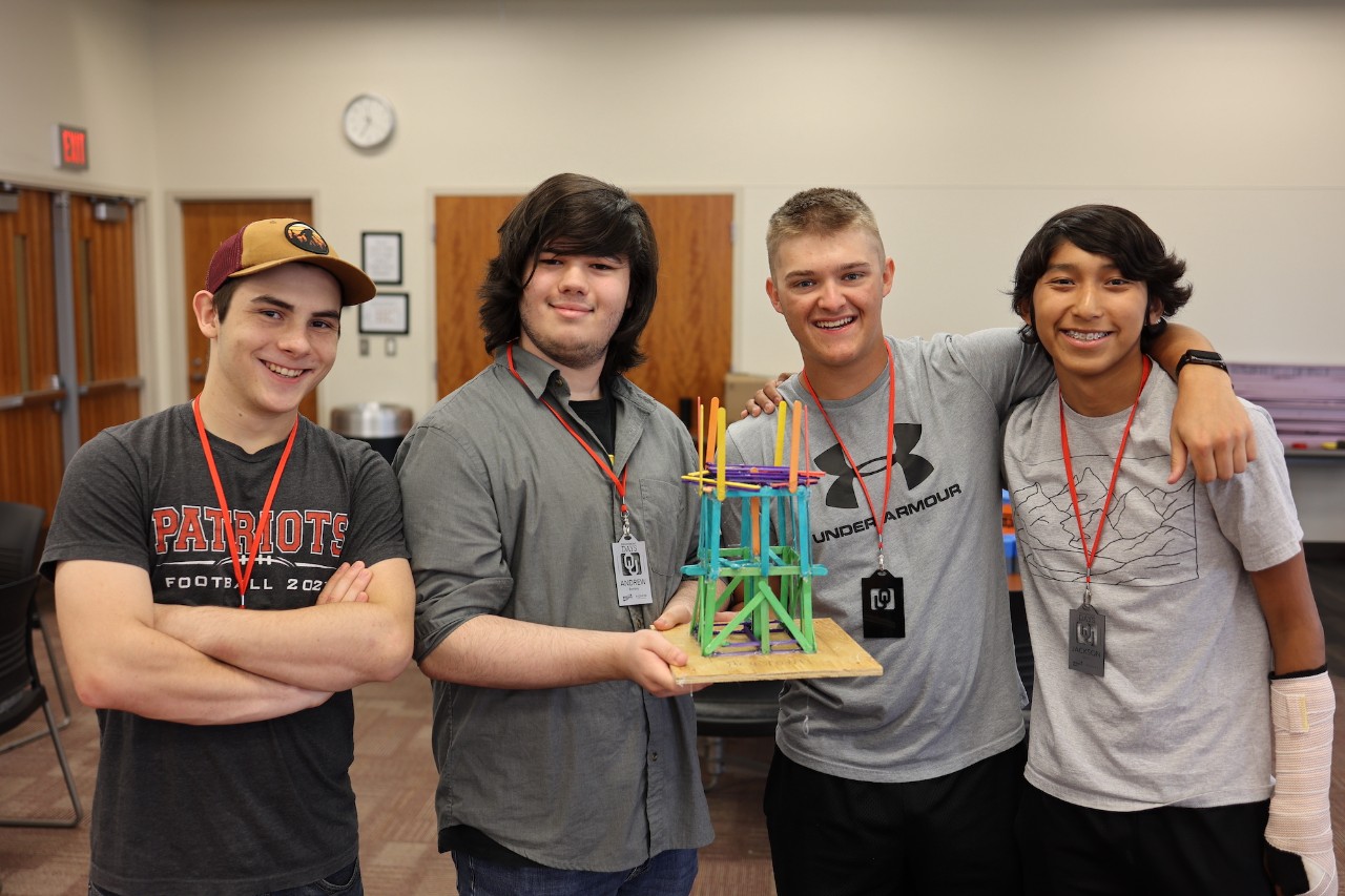 About 80% of Engineering Days 2023 participants hail from towns across Oklahoma. From left, Thomas Cuellar of Oklahoma City, Andrew Bomboy of Choctaw, Ethan Schwartz of Tuttle, and Jackson Mejia of Norman.