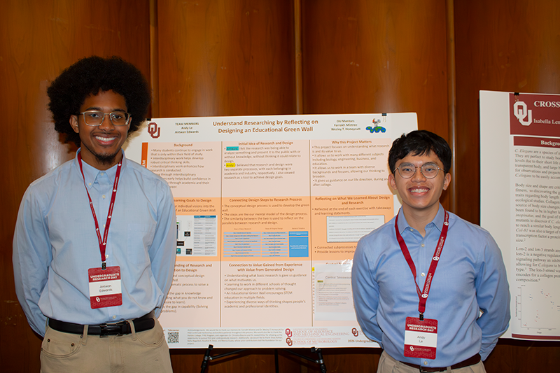 Antwan Edwards (L) and Andy Le (R) standing next to their research poster titled "Understading Research by Reflecting on Designing an Education Green Wall"