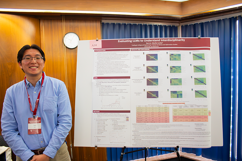 Tam Lee Standing Next to their research poster titled "Evaluating LLMs to Understand Interdisciplinarity"