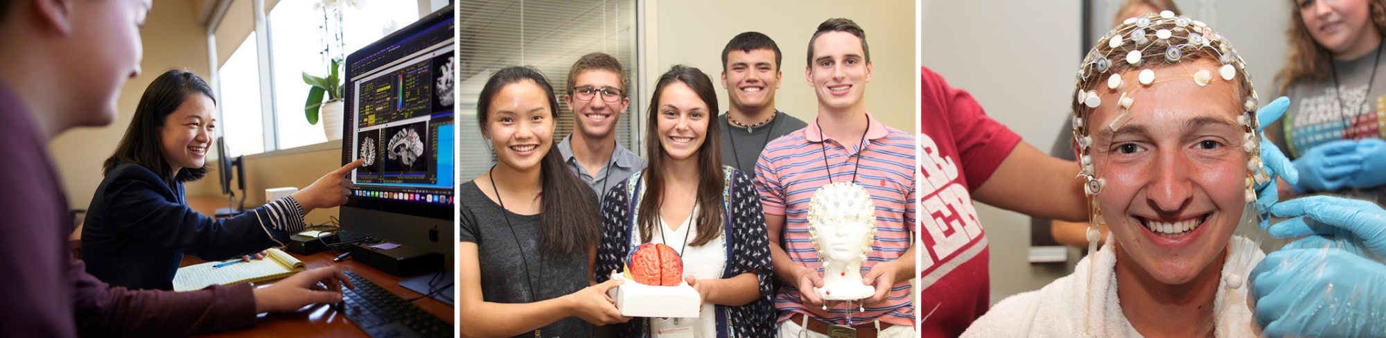 Three photos demonstrating undergraduate research of students and one faculty member.
